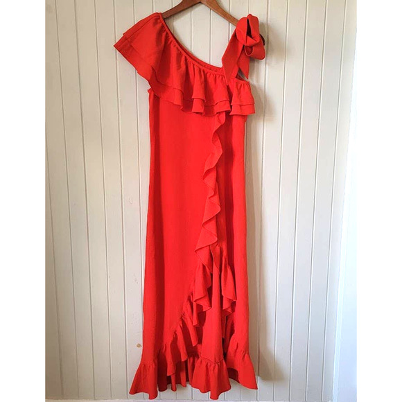 GANNI Clark Rare Ruffle Crepe Maxi Dress in Big Apple Red - Picture 2 of 12